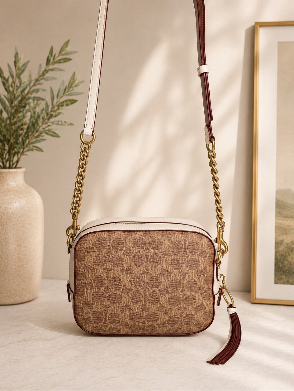 Coach Signature Camera Bag Chalk Tan Crossbody Chain Leather Tassel NWOT